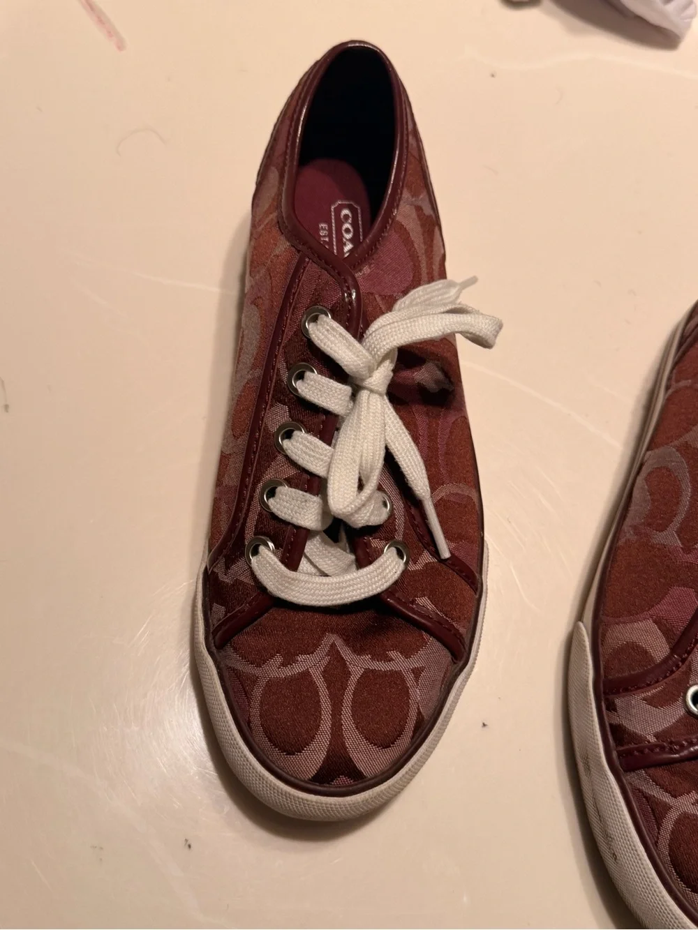 Coach Women's Burgundy Signature Canvas Sneakers with White Laces